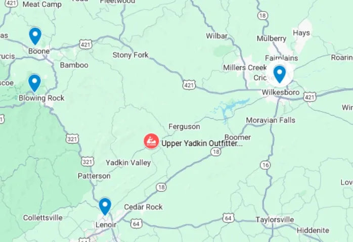 Map of the Upper Yadkin Outfitters location with surrounding towns and roads.